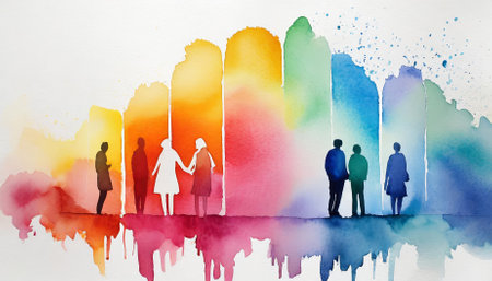 A vibrant artwork displaying multicolored spectrum silhouettes of people painted in a watercolor style on a white background. The composition celebrates diversity, unity, and individuality withの素材