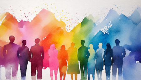 A breathtaking watercolor illustration featuring vibrant multicolored spectrum silhouettes of diverse individuals on a pristine white background, symbolizing unity, diversity, and creativityの素材