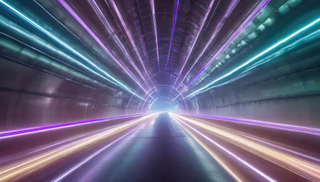 AI-generated futuristic neon lights speed tunnel background featuring a vibrant, high-tech design. This dynamic sci-fi vortex showcases vivid colors, immersive motion, and glowing trails, idealの素材