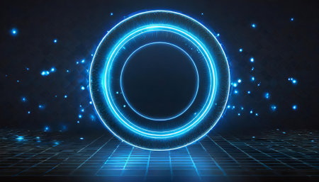 A captivating neon blue geometric circle stands out sharply against a dark background, radiating a luminous, futuristic vibe. Perfect for technology-inspired visuals, digital projects, or sleek,の素材