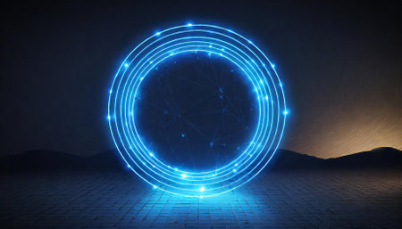 Stunning neon blue geometric circle radiating on a dark background, showcasing captivating futuristic aesthetics ideal for technology themes, digital art, modern branding, and contemporaryの素材