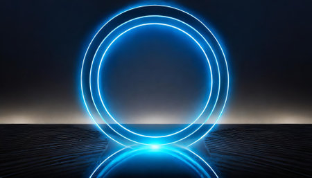 A captivating image of a neon blue geometric circle emitting a radiant glow against a sleek dark background. Ideal for futuristic themes, tech visuals, and modern graphic designs with boldの素材