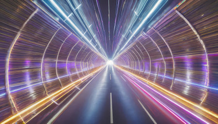 Immersive neon lights speed tunnel background showcasing vivid glowing streaks, creating a futuristic, fast-paced aesthetic ideal for AI-generated designs, sci-fi visuals, and high-tech creativeの素材