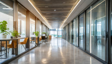 Explore a beautifully modern office with an elegant long corridor, defocused room backgrounds designed, and a vibrant atmosphere. This contemporary workspace blends functionality and style,の素材
