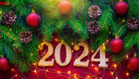 A stunning festive backdrop showing the numbers with vibrant holiday elements and ample copy space. Ideal for New Year celebrations, digital designs, social media posts, and seasonalの素材