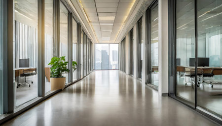 Explore this sleek and modern office layout, showcasing a polished long corridor bathed in natural light, leading to defocused meeting rooms and workspaces designed to enhance productivity andの素材
