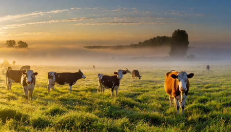 A tranquil panorama featuring cows grazing peacefully in a lush meadow, where morning fog and dew-covered grass create a serene ambiance. This idyllic rural scene captures the essence ofの素材