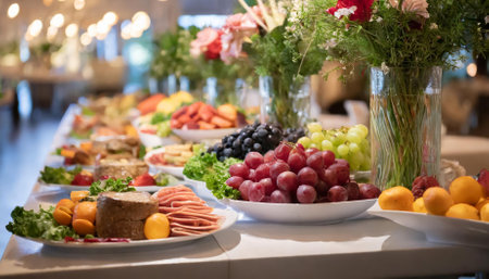 A lively indoor scene featuring a group of people gathered around a buffet table filled with an array of freshly cooked meats, vibrant fruits, and vegetables, creating a cheerful diningの素材