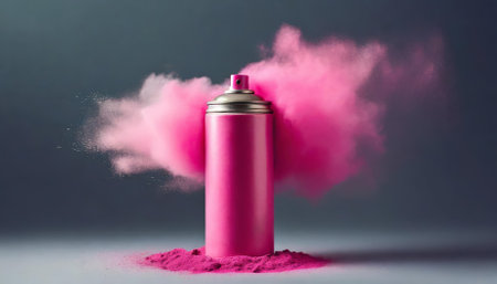 This stock photo features a pink aerosol can releasing a dynamic cloud of multicolored powders. Captured against a neutral background, the vibrant imagery is ideal for marketing, art, andの素材