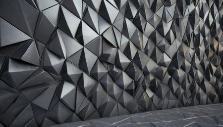 A sleek, polished semigloss wall background showcasing D triangular black tiles. Ideal for modern interiors, this geometric wallpaper delivers a sophisticated, bold design with a luxurious,の素材