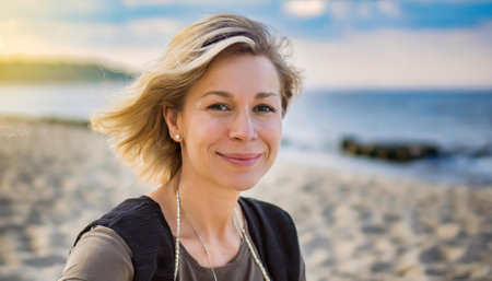 A picturesque beach portrait showcasing a happy -year-old woman enjoying the gentle sea breeze and bright sunshine, her joyful expression reflecting the peacefulness of the shores naturalの素材