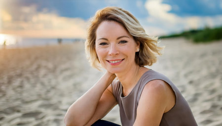 This captivating portrait captures a delighted -year-old woman basking in coastal tranquility, her happiness mirrored by the serene beach setting. Natural light enhances her radiant expression,の素材