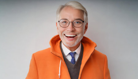 A high-quality portrait of a smiling senior man dressed in a vibrant orange jacket and sleek glasses, set against a pristine white background, exuding positivity, wisdom, and a timeless sense ofの素材