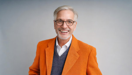 This image showcases a lively senior man in a vibrant orange jacket paired with trendy glasses. His genuine smile exudes positivity and charm, all highlighted beautifully by the pristine whiteの素材