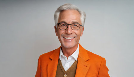 A cheerful portrait of a senior gentleman dressed in a vibrant orange jacket and glasses, showcasing a joyful demeanor and positive energy against a neutral white backdrop for a timeless look.の素材