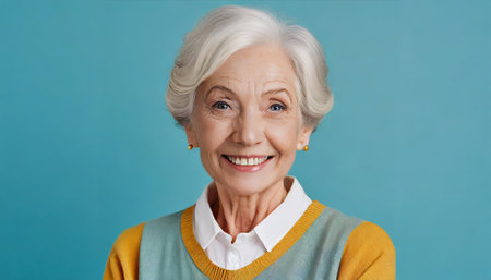 A cheerful senior woman captured in a portrait, exuding warmth and joy. Her radiant smile and confident demeanor are highlighted beautifully against a vivid blue backdrop, emphasizing her livelyの素材