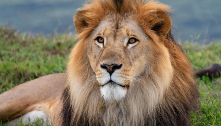 A captivating digital artwork depicting a fierce lion with a blazing mane of fire, showcasing its majestic presence, raw power, and resilience. Vibrant colors and dynamic flames create anの素材