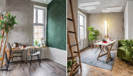This captivating image highlights a complete apartment renovation concept, featuring an impressive before and after comparison that reveals meticulous restoration, sleek aesthetics, andの素材