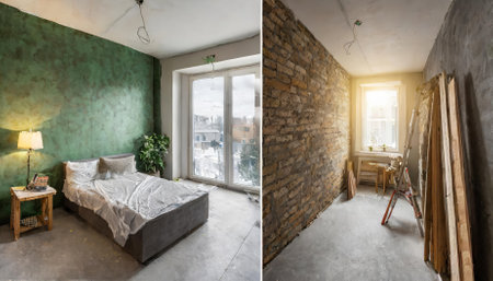 Witness a striking apartment makeover with this renovation concept image, revealing the before and after states. A captivating display of architectural ingenuity and interior design expertise inの素材