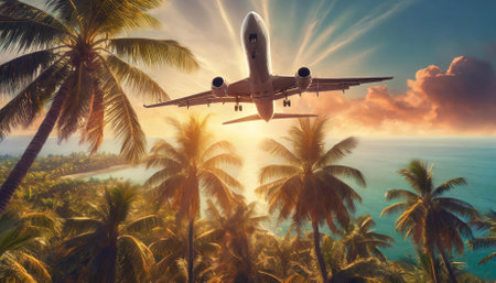 A captivating scene of a plane soaring above swaying palm trees, set against a breathtaking clear sunset sky with radiant sun rays. This image embodies the essence of travel, exploration, andの素材