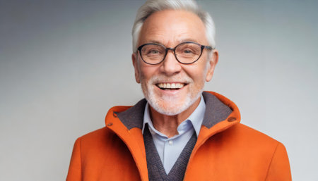 A captivating image of a senior gentleman dressed in a vibrant orange jacket with glasses, showcasing a cheerful smile. Photographed against a white backdrop, the scene exudes warmth, charm, andの素材