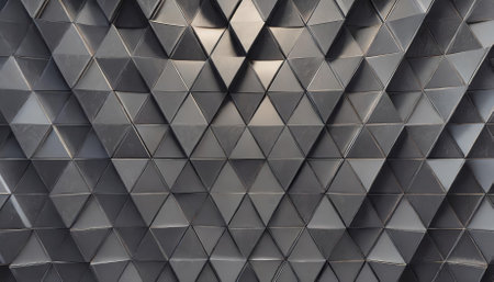 Stylish polished semigloss wall background with triangular D black tiles forming a sleek, textured pattern. Perfect for modern architecture, interior design, and artistic visual creationsの素材