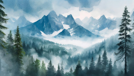 A breathtaking photo-realistic depiction of a peaceful mountain forest enveloped in gentle morning fog, showcasing the delicate interplay of light and shadow in this serene wilderness scene.の素材
