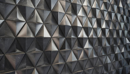 High-quality polished semigloss wall background showcasing a D black triangular tile wallpaper design. Perfect for modern interior aesthetics, blending minimalism, elegance, and geometricの素材
