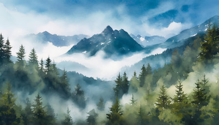 High-quality photo-realistic illustration showcasing a peaceful morning in the mountains, featuring a fog-shrouded forest that exudes tranquility and natural beauty, making it a stunning visualの素材