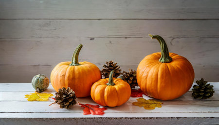 Beautifully arranged orange pumpkins on rustic white planks evoke the spirit of Halloween and fall festivities. This decor is ideal for enhancing seasonal themes, creating cozy ambiances, orの素材