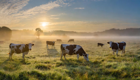 A stunning panorama capturing grazing cows amidst a tranquil meadow. The grass glistens with fresh dewdrops as morning fog softly envelops the serene countryside, evoking peace and naturalの素材