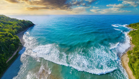 A picturesque view of ocean waves meeting a golden sandy beach under a tranquil sky. This natural scene captures the essence of summer vacations, offering a soothing seaside ambiance forの素材