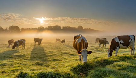 A breathtaking panorama of cows grazing peacefully in a lush meadow, covered in dewy grass and enveloped by soft morning fog, offering a tranquil glimpse into the serenity of rural life andの素材