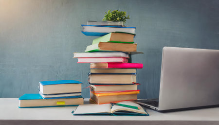 An organized pile of books paired with a laptop on a desk, encapsulating the essence of e-learning. This image represents modern educational setups, blending technology with traditional studyの素材