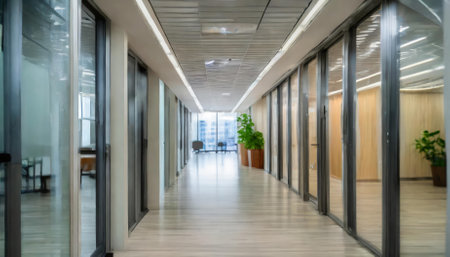 This image features a stylish and modern office with a beautifully crafted corridor. The design includes polished finishes, contemporary decor, and defocused rooms in the background, evoking aの素材