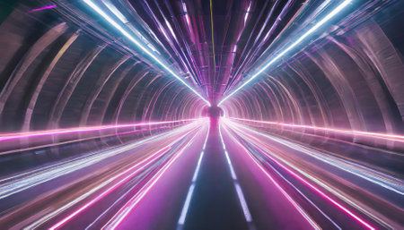 Immersive neon lights speed tunnel background showcasing vibrant, glowing streaks of light in a futuristic, high-tech design. Ideal for sci-fi, AI, or digital innovation themes with dynamicの素材