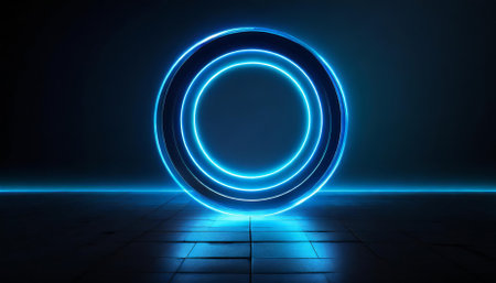 A captivating neon blue geometric circle radiates vividly on a sophisticated dark background, delivering a futuristic aesthetic ideal for tech visuals, graphic design, branding, or innovativeの素材
