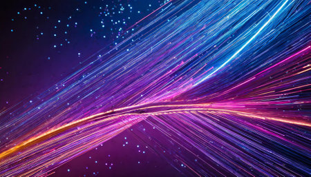 Immerse in the vivid vibration of neon fiber optic lines forming a sleek abstract texture background. High-speed lines blend with advanced technology vibes, evoking motion, light, and futuristicの素材