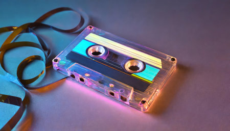Dive into s nostalgia with this neon-themed audio cassette, a vibrant symbol of the eras music culture. This design celebrates retro aesthetics, classic soundtracks, and vintage pop vibes inの素材