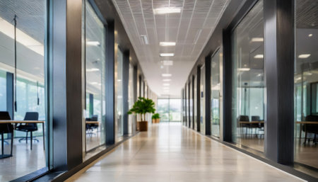 A visually appealing modern office interior showcasing a polished long corridor, blending clean lines and contemporary decor with a defocused room background, evoking professionalism andの素材