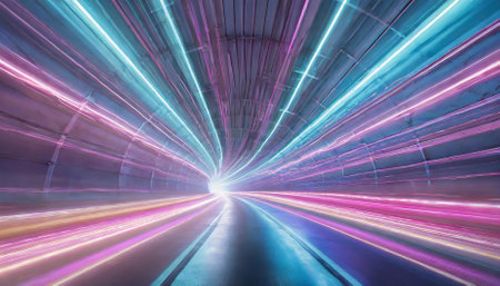 This stunning neon lights speed tunnel background showcases dynamic glowing trails with a futuristic aesthetic, ideal for AI themes, sci-fi visuals, tech designs, digital artworks, and immersiveの素材