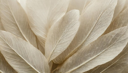 A captivating abstract artwork featuring beige flower petals intertwined with transparent leaves, beautifully textured to evoke natural elegance. This piece blends organic simplicity and modernの素材