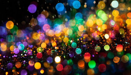 An enchanting multicolor bokeh effect showcasing raining lights and rainbow confetti, blending into a softly blurred background. Perfect for projects needing vibrant, dreamy, or artistic lightの素材
