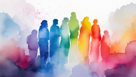A stunning watercolor artwork showcasing multicolored spectrum silhouettes of diverse people, set against a crisp white background. The vivid hues symbolize unity, inclusivity, and the beauty ofの素材
