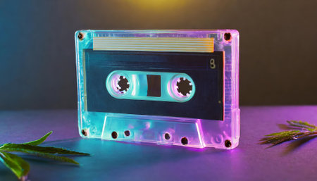 Brightly colored neon cassette capturing the nostalgic essence of s pop culture. A classic audio cassette representing retro music trends, symbolic of vintage entertainment and timeless musicalの素材