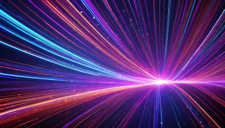 A vivid display of neon fiber optic lines and glowing textures, this abstract background showcases dynamic speed lines and technological elegance, evoking futuristic energy and high-speedの素材