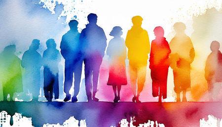This vibrant artwork features multicolored spectrum silhouettes of individuals rendered in watercolor on a crisp white background, symbolizing diversity, connection, and creative self-expressionの素材