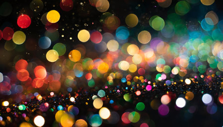 A captivating multicolor bokeh raining light scene featuring blurred glowing lights and a dreamy rainbow confetti background. This abstract offers aesthetic a stunning interplay of vibrant huesの素材