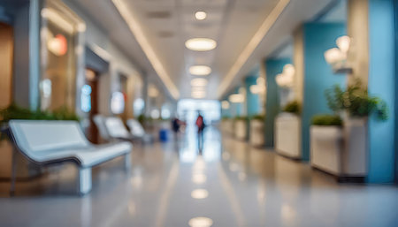 Blurred image of people walking in hospital corridor. Abstract background.の素材