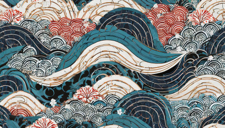 Immerse in Japans timeless wave oriental design featuring seamless patterns of intricately flowing elements. Inspired by Asian culture, this artwork showcases harmony, tradition, and aestheticの素材